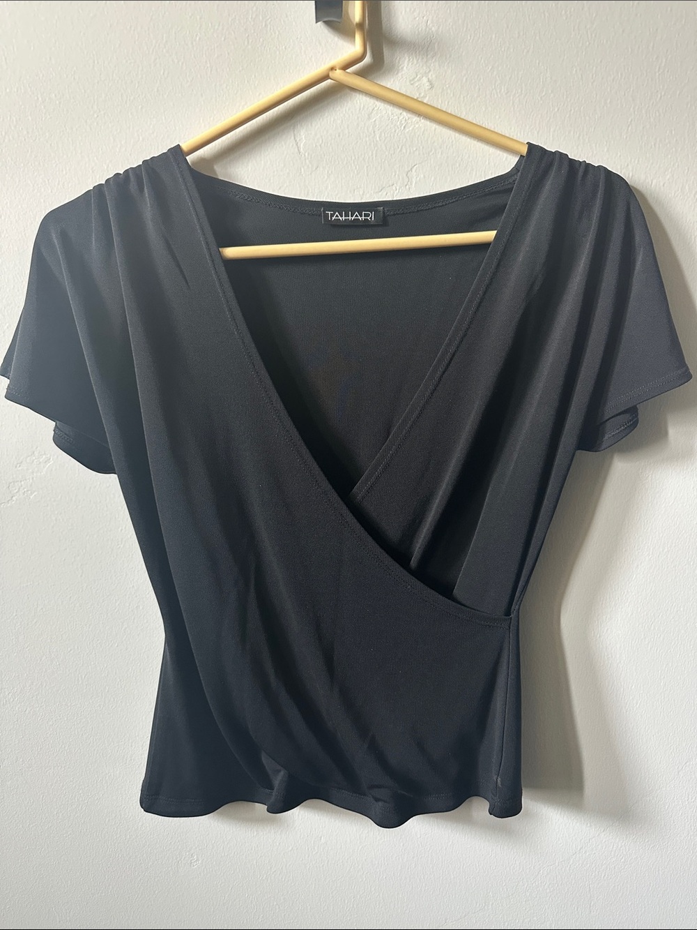 TAHARI Black Wrap-Front Short Sleeve Blouse